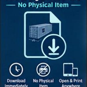 May include: A dark blue graphic featuring the text Instant Digital Download and No Physical Item. A document icon displays a shipping container illustration with a download arrow. Icons indicate immediate download, no physical item, and print capability.