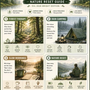 May include: An informational poster titled Quiet Living & Mental Health Nature Reset Guide EVL 2026 Bright Edition. It features four sections: Forest Therapy, Rain Camping, Slow Mornings, and Nature Reset, with illustrations of nature scenes and icons.
