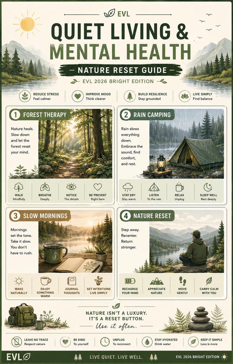 May include: An informational poster titled Quiet Living & Mental Health Nature Reset Guide EVL 2026 Bright Edition. It features four sections: Forest Therapy, Rain Camping, Slow Mornings, and Nature Reset, with illustrations of nature scenes and icons.