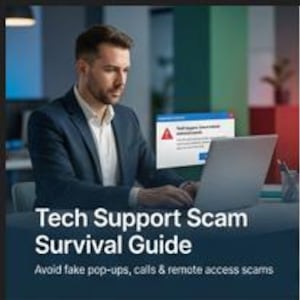 May include: A man in a blue blazer sits at a desk, working on a laptop. The screen displays a pop-up alert. The image includes the text "Tech Support Scam Survival Guide" and "Avoid fake pop-ups, calls & remote access scams."