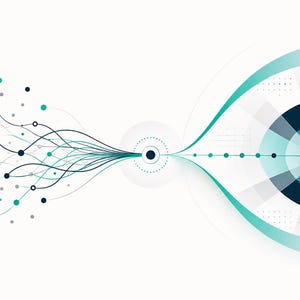 May include: A digital graphic illustration featuring a network of teal and dark blue dots connected by thin, flowing lines that converge into a central circular node, which then extends into a segmented circular target pattern on the right side.