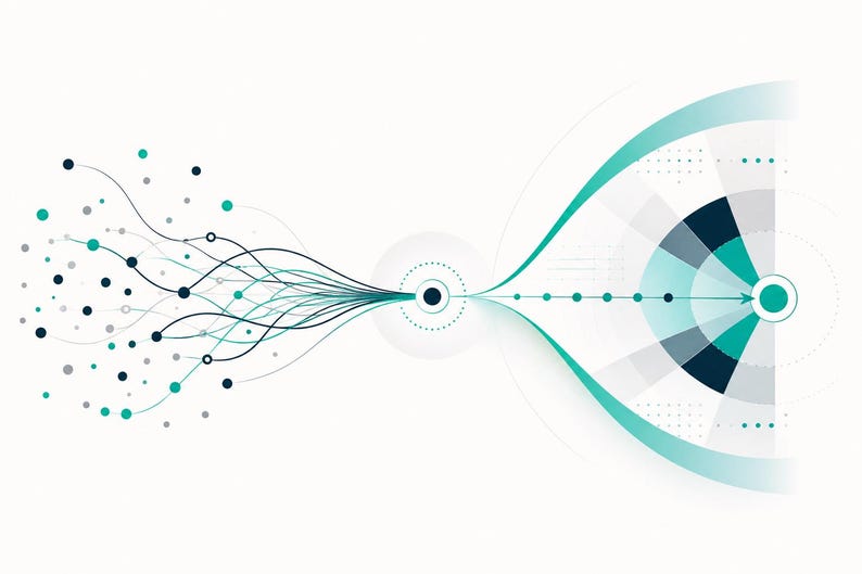 May include: A digital graphic illustration featuring a network of teal and dark blue dots connected by thin, flowing lines that converge into a central circular node, which then extends into a segmented circular target pattern on the right side.