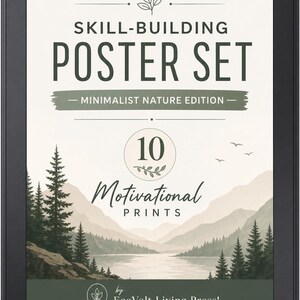 May include: A digital display showing a Skill-Building Poster Set Minimalist Nature Edition with 10 Motivational Prints by EcoVolt Living Press. The graphic features a lake, pine trees, and mountains in muted green and cream tones on a black device.