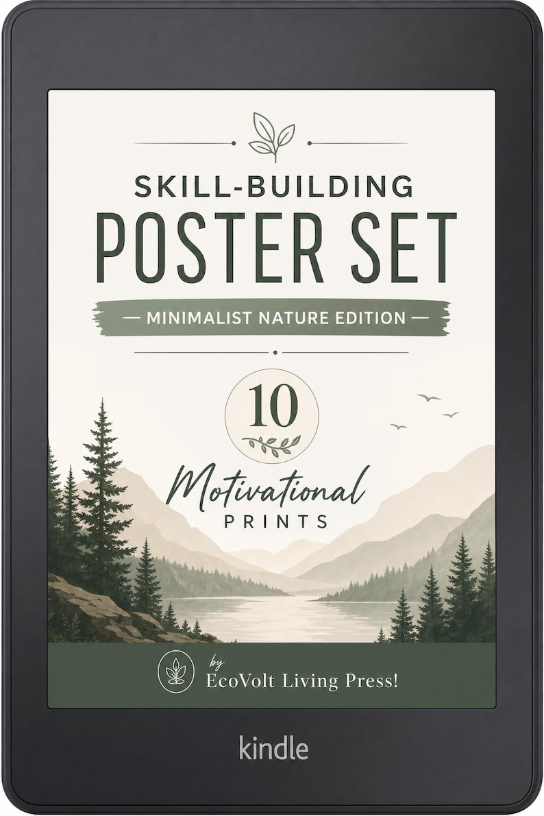 May include: A digital display showing a Skill-Building Poster Set Minimalist Nature Edition with 10 Motivational Prints by EcoVolt Living Press. The graphic features a lake, pine trees, and mountains in muted green and cream tones on a black device.