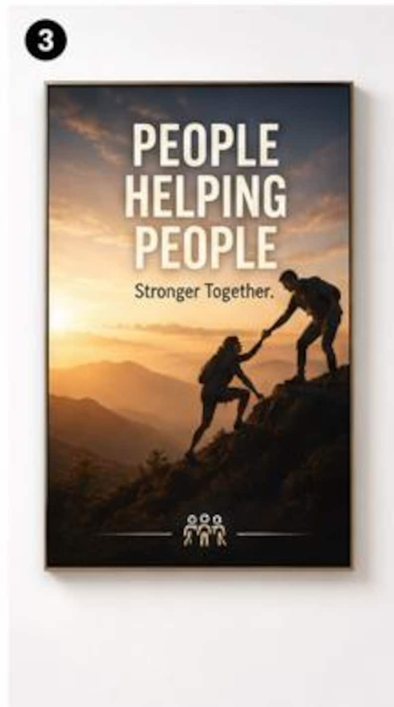 May include: A rectangular wall art print featuring a sunset mountain landscape with two silhouettes climbing a rocky slope. The text reads PEOPLE HELPING PEOPLE Stronger Together. A small icon of three figures is centred at the bottom.
