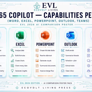 May include: A white informational poster titled M365 COPILOT &mdash; CAPABILITIES PER APP, featuring columns for Word, Excel, PowerPoint, Outlook, and Teams. Each column lists specific AI functions with icons, all framed by a blue technical circuit border.