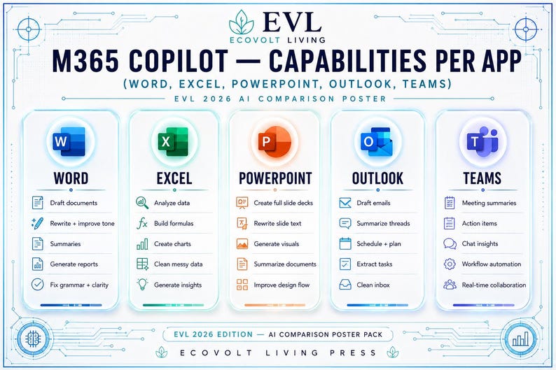 May include: A white informational poster titled M365 COPILOT &mdash; CAPABILITIES PER APP, featuring columns for Word, Excel, PowerPoint, Outlook, and Teams. Each column lists specific AI functions with icons, all framed by a blue technical circuit border.