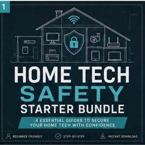 以下が含まれることがあります： HOME TECH SAFETY STARTER BUNDLEおよび4 ESSENTIAL GUIDES TO SECURE YOUR HOME TECH WITH CONFIDENCEと書かれた白と水色の文字がある濃い青色のグラフィック。デザインには、Wi-Fi、盾、デバイスのアイコンが描かれた家の輪郭が含まれています。