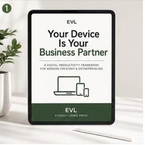 May include: A digital tablet displaying the text Your Device Is Your Business Partner, A Digital Productivity Framework For Modern Creators & Entrepreneurs, with an icon of a laptop, tablet, and phone, and the text EVL Ecovolt Living Press.