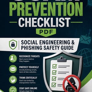 Könnte beinhalten: Eine digitale Download-Grafik mit dem Titel "SCAM PREVENTION CHECKLIST PDF". Das Bild zeigt ein Schild mit einer Checkliste, ein rotes Verbotsschild über einer Kapuzenfigur und Symbole für Online-Sicherheitstipps. Das Logo von EcoVolt LivingPress befindet sich unten.