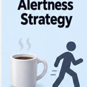 May include: A light blue graphic poster featuring the dark blue text Alertness Strategy at the top. Below the text is a white mug filled with dark brown coffee emitting steam, positioned next to a dark blue icon of a person walking quickly.