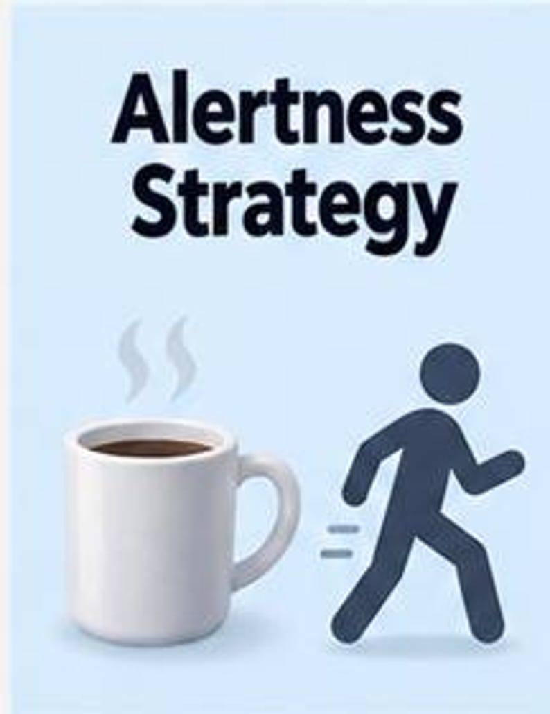 May include: A light blue graphic poster featuring the dark blue text Alertness Strategy at the top. Below the text is a white mug filled with dark brown coffee emitting steam, positioned next to a dark blue icon of a person walking quickly.