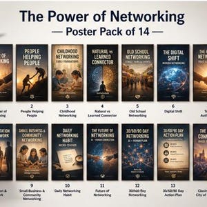 May include: A poster pack of 14 vertical prints titled The Power of Networking. Each poster features unique imagery and text, including topics like People Helping People, Childhood Networking, Digital Shift, and 30/60/90 Day Action Plan.