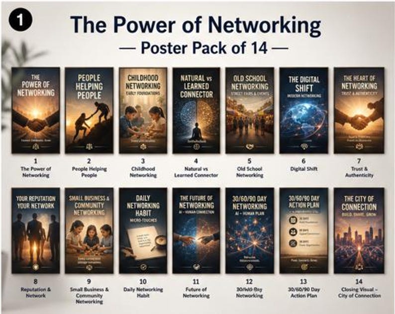 May include: A poster pack of 14 vertical prints titled The Power of Networking. Each poster features unique imagery and text, including topics like People Helping People, Childhood Networking, Digital Shift, and 30/60/90 Day Action Plan.