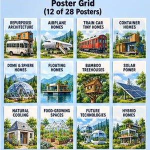 May include: A grid of 12 posters titled Poster Grid (12 of 28 Posters) featuring illustrations of alternative housing and sustainable living concepts including repurposed architecture, airplane homes, train car tiny homes, and container homes.