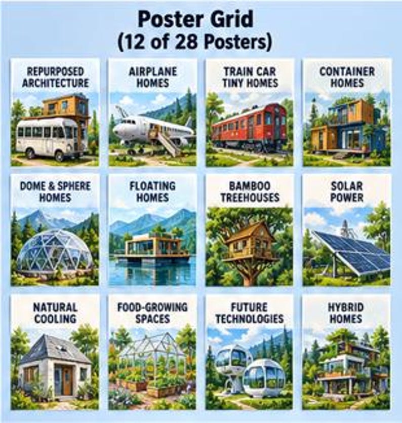 May include: A grid of 12 posters titled Poster Grid (12 of 28 Posters) featuring illustrations of alternative housing and sustainable living concepts including repurposed architecture, airplane homes, train car tiny homes, and container homes.