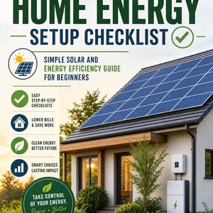 May include: A brochure titled "RENEWABLE HOME ENERGY SETUP CHECKLIST" with a house featuring solar panels on the roof. The brochure promotes solar energy and energy efficiency. Text includes "Simple Solar and Energy Efficiency Guide for Beginners."