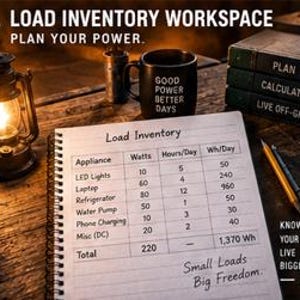 May include: A spiral-bound notebook displays a Load Inventory table with columns for Appliance, Watts, Hours/Day, and Wh/Day. Nearby are a lit lantern, a black mug with text, and three stacked books labeled Plan, Calculate, and Live Off-Grid.