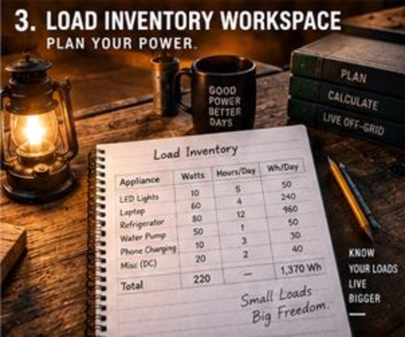 May include: A spiral-bound notebook displays a Load Inventory table with columns for Appliance, Watts, Hours/Day, and Wh/Day. Nearby are a lit lantern, a black mug with text, and three stacked books labeled Plan, Calculate, and Live Off-Grid.