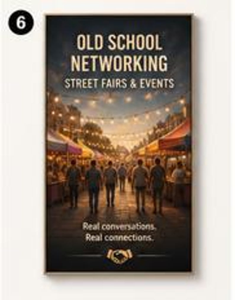 May include: A rectangular poster featuring a street fair scene with string lights and colourful vendor tents. The text reads OLD SCHOOL NETWORKING STREET FAIRS & EVENTS and Real conversations, Real connections. A handshake icon is at the bottom.