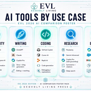 May include: A white informational poster titled EVL ECOVOLT LIVING AI TOOLS BY USE CASE EVL 2026 AI COMPARISON POSTER. It features five columns categorised as Productivity, Writing, Coding, Research, and Business, each listing specific AI software tools and functions with blue and green icons.