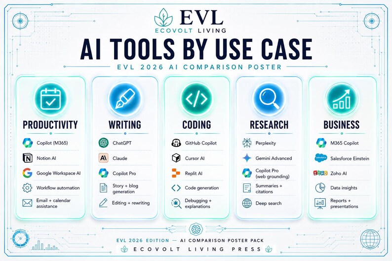 May include: A white informational poster titled EVL ECOVOLT LIVING AI TOOLS BY USE CASE EVL 2026 AI COMPARISON POSTER. It features five columns categorised as Productivity, Writing, Coding, Research, and Business, each listing specific AI software tools and functions with blue and green icons.