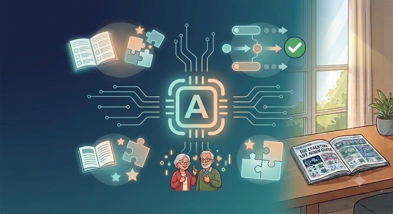 May include: An illustration featuring a central glowing computer chip with the letter A, surrounded by icons of books, puzzle pieces, and a flowchart. Below, an older couple points upwards. On a desk, an open book titled The Essential Life Admin Guide.