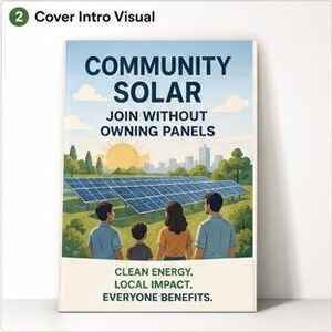 May include: A rectangular poster titled COMMUNITY SOLAR JOIN WITHOUT OWNING PANELS. It depicts four people viewing a solar panel array in a field with a city skyline and sun in the background. The bottom text reads CLEAN ENERGY. LOCAL IMPACT. EVERYONE BENEFITS.
