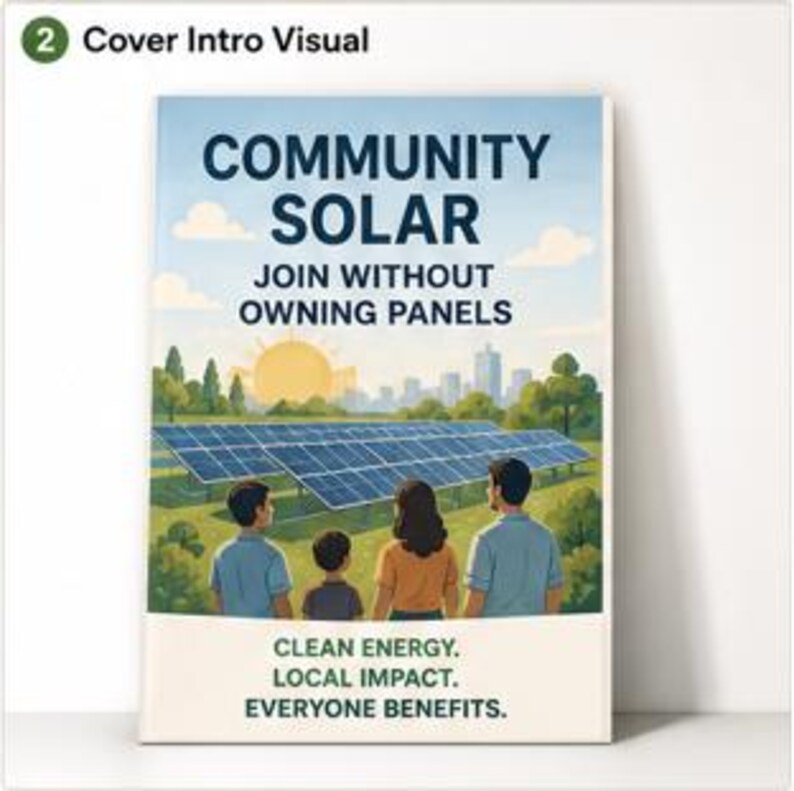 May include: A rectangular poster titled COMMUNITY SOLAR JOIN WITHOUT OWNING PANELS. It depicts four people viewing a solar panel array in a field with a city skyline and sun in the background. The bottom text reads CLEAN ENERGY. LOCAL IMPACT. EVERYONE BENEFITS.