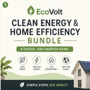 May include: A digital graphic for an EcoVolt Clean Energy & Home Efficiency Bundle. It features the text 9 GUIDES. ONE SMARTER HOME. and icons for saving money, using less energy, living comfortably, and helping the planet, with a house illustration.