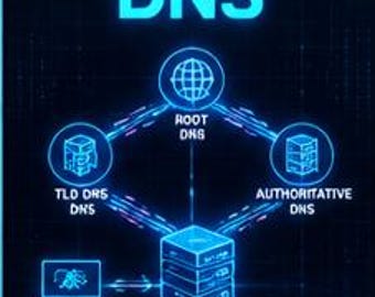 May include: A digital infographic on a dark background with glowing blue lines and text. The title reads It's Always DNS. It illustrates the DNS process with icons for Root DNS, TLD DNS, Authoritative DNS, Client, and DNS Resolver. Text reads: YOU TYPE - DNS RESOLVES - INTERNET WORKS.