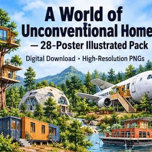 May include: A digital download pack titled A World of Unconventional Homes featuring 28 posters. The illustration displays a treehouse, a geodesic dome, a repurposed airplane home, a shipping container house, and a floating house on a lake.