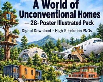 May include: A digital download pack titled A World of Unconventional Homes featuring 28 posters. The illustration displays a treehouse, a geodesic dome, a repurposed airplane home, a shipping container house, and a floating house on a lake.