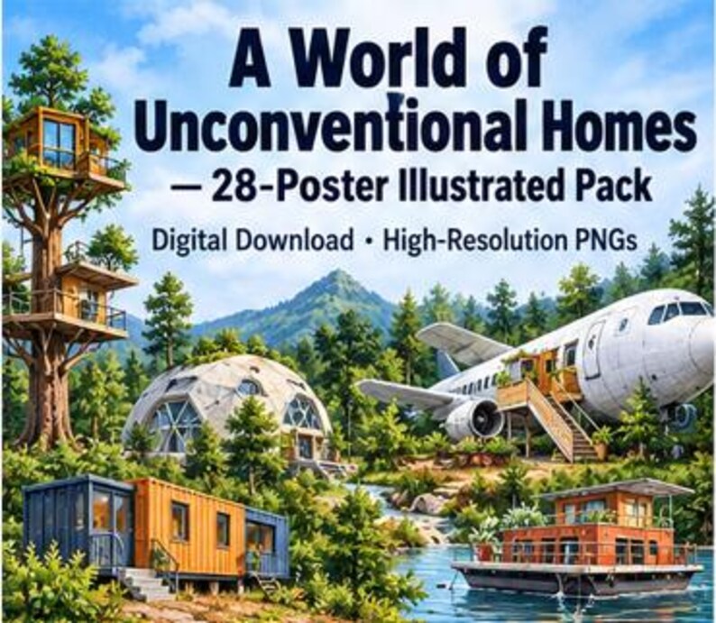 May include: A digital download pack titled A World of Unconventional Homes featuring 28 posters. The illustration displays a treehouse, a geodesic dome, a repurposed airplane home, a shipping container house, and a floating house on a lake.
