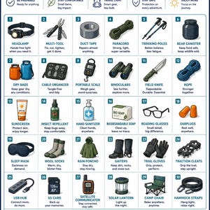 May include: An illustrated infographic titled Bonus Gear Checklist Outdoor Essentials EVL 2026 Bright Edition, featuring a numbered grid of 32 outdoor items including a headlamp, multi-tool, duct tape, paracord, trekking poles, and various camping supplies.