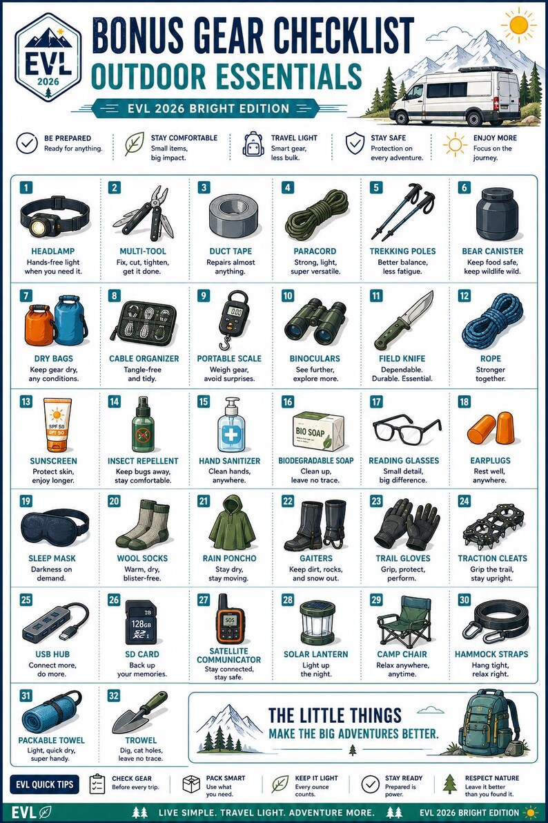 May include: An illustrated infographic titled Bonus Gear Checklist Outdoor Essentials EVL 2026 Bright Edition, featuring a numbered grid of 32 outdoor items including a headlamp, multi-tool, duct tape, paracord, trekking poles, and various camping supplies.