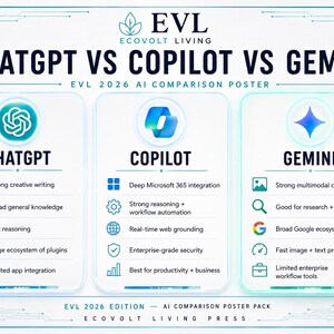 May include: A white informational poster titled EVL ECOVOLT LIVING CHATGPT VS COPILOT VS GEMINI EVL 2026 AI COMPARISON POSTER. It features three vertical columns comparing the AI tools with icons and text lists detailing their specific capabilities.
