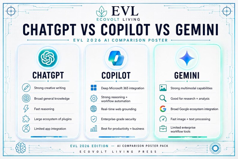 May include: A white informational poster titled EVL ECOVOLT LIVING CHATGPT VS COPILOT VS GEMINI EVL 2026 AI COMPARISON POSTER. It features three vertical columns comparing the AI tools with icons and text lists detailing their specific capabilities.
