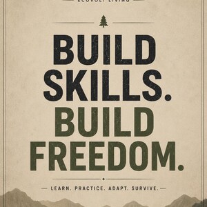 May include: A rectangular poster with a beige background featuring a mountain range and forest silhouette at the bottom. The text reads: EVL ECOVOLT LIVING, BUILD SKILLS. BUILD FREEDOM., and LEARN. PRACTICE. ADAPT. SURVIVE. with a small tree icon.