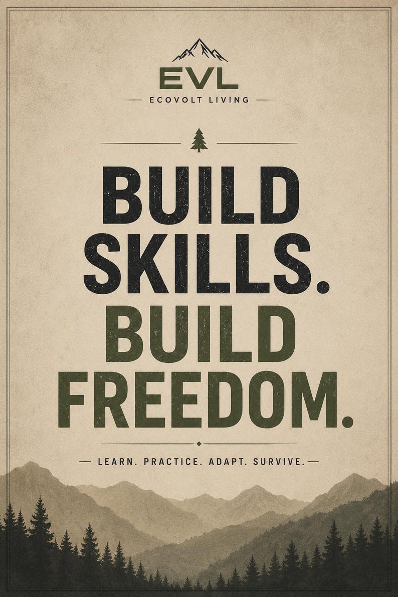 May include: A rectangular poster with a beige background featuring a mountain range and forest silhouette at the bottom. The text reads: EVL ECOVOLT LIVING, BUILD SKILLS. BUILD FREEDOM., and LEARN. PRACTICE. ADAPT. SURVIVE. with a small tree icon.