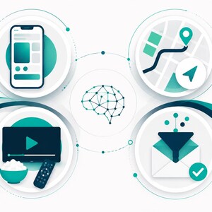 May include: A digital illustration featuring a central brain icon surrounded by four circular panels. These panels display a smartphone interface, a navigation map with a location pin, a video player with a remote, and an email filter icon.