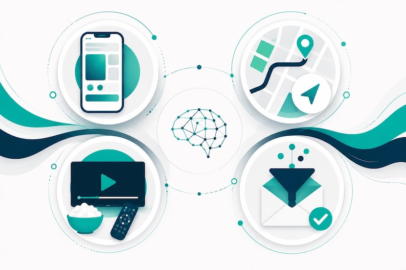 May include: A digital illustration featuring a central brain icon surrounded by four circular panels. These panels display a smartphone interface, a navigation map with a location pin, a video player with a remote, and an email filter icon.