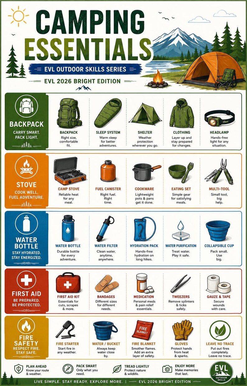 May include: An infographic titled CAMPING ESSENTIALS EVL 2026 BRIGHT EDITION featuring illustrations of outdoor gear organized into categories: Backpack, Stove, Water Bottle, First Aid, and Fire Safety, with icons and text for each item.