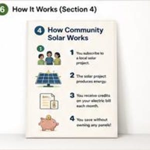 May include: An informational sign titled How Community Solar Works with four numbered steps. Icons illustrate subscribing to a project, solar panel energy production, receiving electric bill credits, and saving money with a piggy bank graphic.