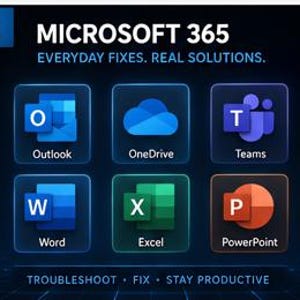 May include: A digital graphic for Microsoft 365 featuring the text Everyday Fixes. Real Solutions. and Troubleshoot. Fix. Stay Productive. It displays six app icons: Outlook, OneDrive, Teams, Word, Excel, and PowerPoint, each in its own square.