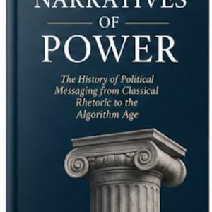 Può includere: Un libro con copertina rigida blu scuro intitolato Narratives of Power: The History of Political Messaging from Classical Rhetoric to the Algorithm Age di EVL. La copertina presenta un'illustrazione bianca di una colonna in pietra.