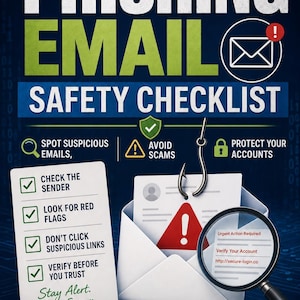 Puede incluir: Gráfico azul marino con las palabras "PHISHING EMAIL SAFETY CHECKLIST" en blanco y verde. La imagen incluye un sobre con un documento y una lupa, una lista de verificación e iconos para evitar estafas y proteger cuentas.