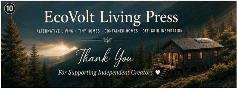May include: A banner for EcoVolt Living Press featuring the text: EcoVolt Living Press, Alternative Living, Tiny Homes, Container Homes, Off-Grid Inspiration, Thank You, For Supporting Independent Creators. A cabin sits in a mountain forest.