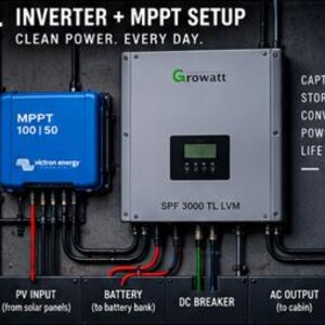 May include: A Growatt SPF 3000 TL LVM inverter and a blue Victron Energy MPPT 100|50 charge controller mounted on a wall. The setup includes black cables and labels for PV input, battery, DC breaker, and AC output with the text 6. INVERTER + MPPT SETUP.