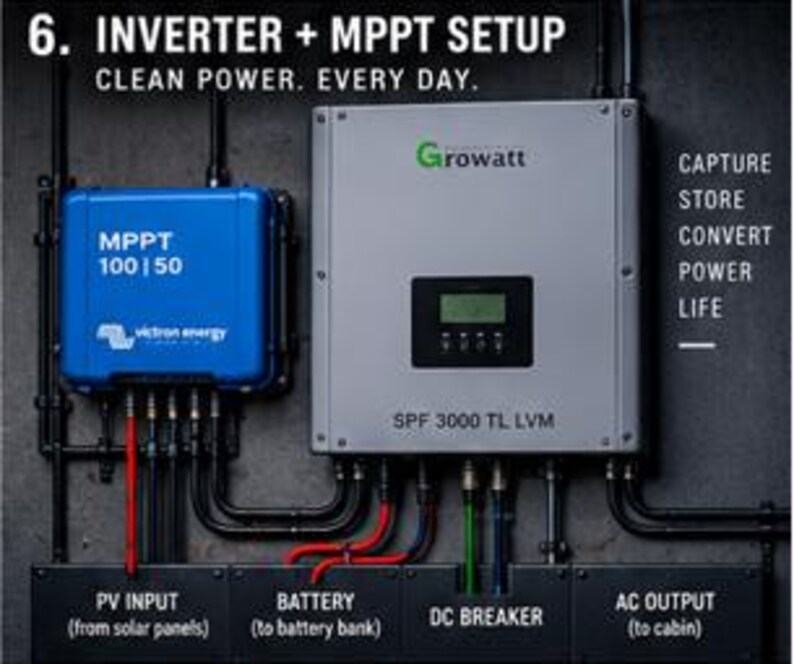 May include: A Growatt SPF 3000 TL LVM inverter and a blue Victron Energy MPPT 100|50 charge controller mounted on a wall. The setup includes black cables and labels for PV input, battery, DC breaker, and AC output with the text 6. INVERTER + MPPT SETUP.